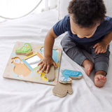 First Play Wooden Touch and Feel Puzzle Peek-a-Boo Pets With Mirror I9